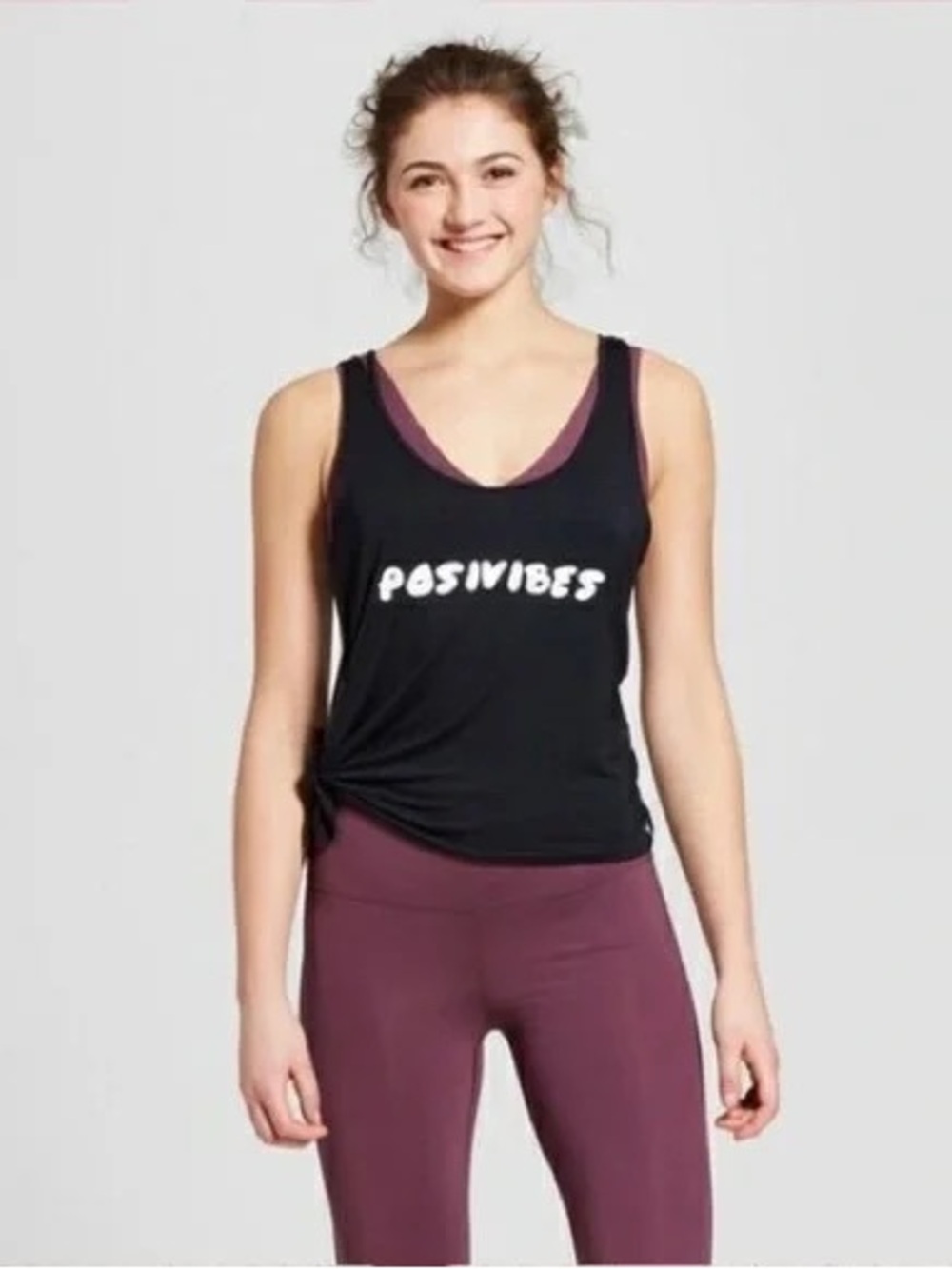 JoyLab Women's Tank Top Black ‘Posivibes’ Tie Side Athletic L